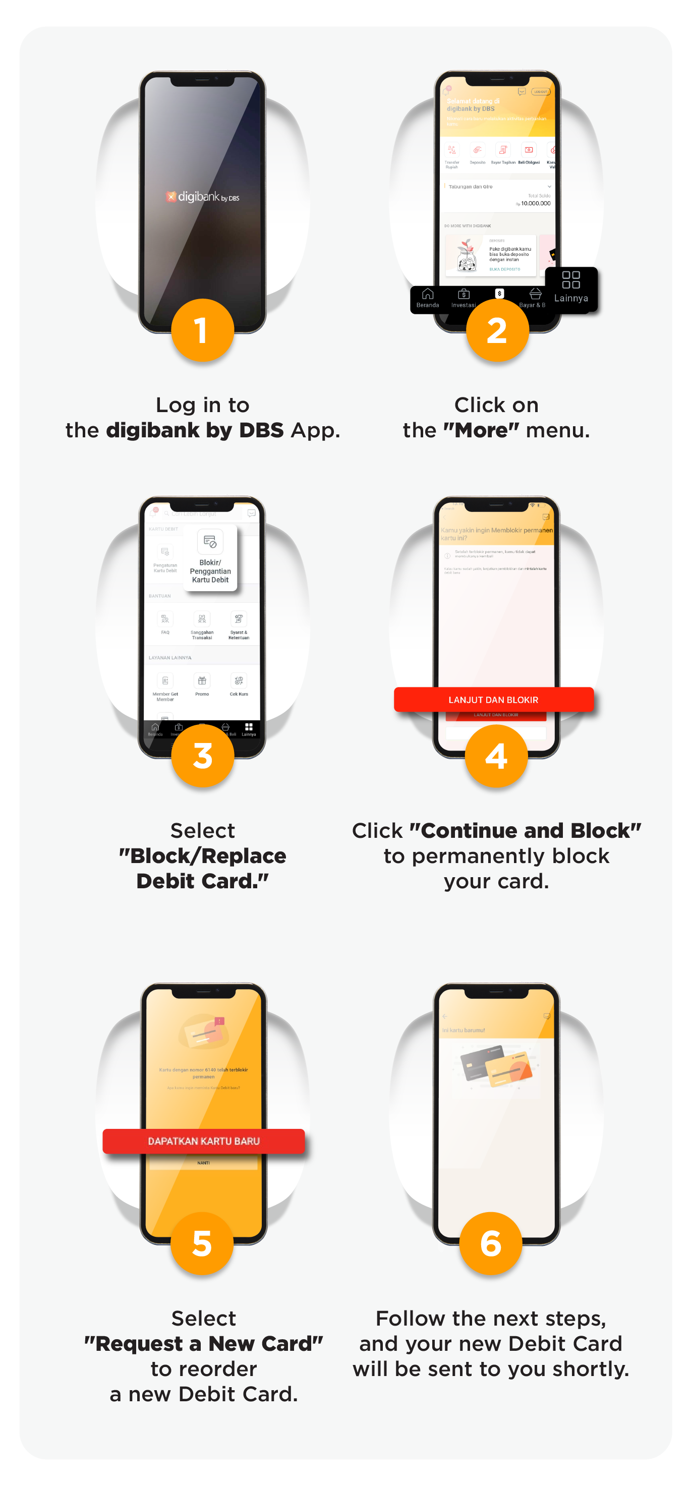 Immediately block and replace your digibank Debit Card  if lost or stolen.